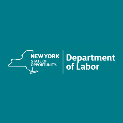 Official logo for the New York State Department of Labor, featuring the state map outline on a teal
