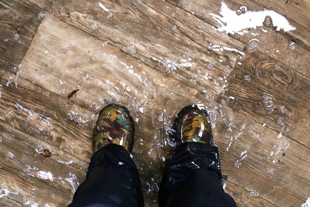 Floral patterned boots stand in shallow, rippling water on a light wooden surface. TITLE: