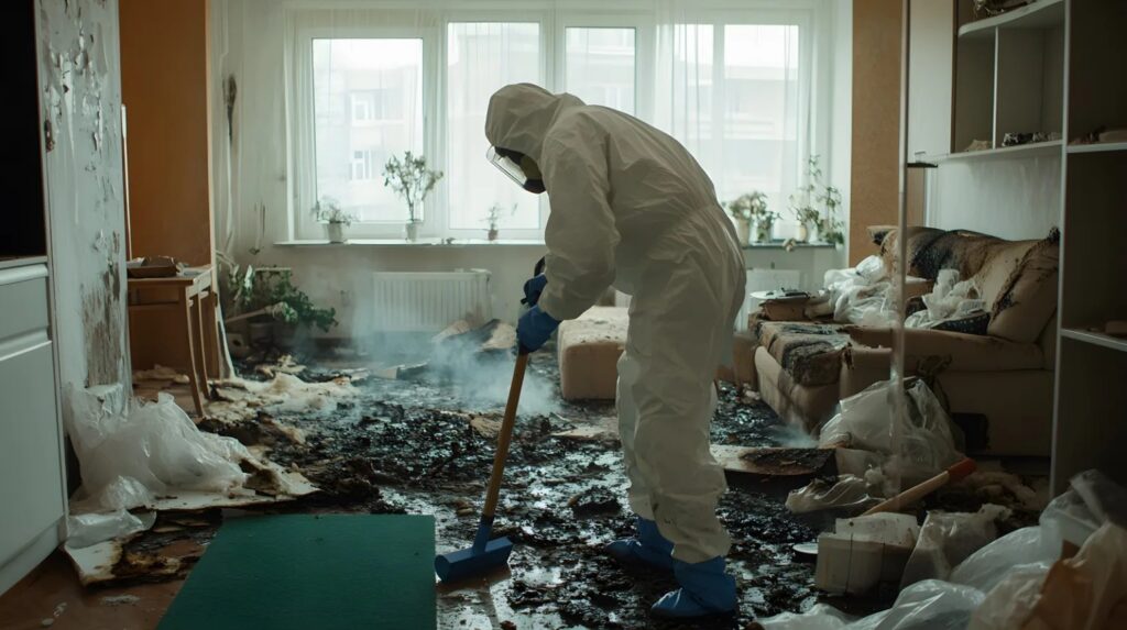 A worker in a white hazmat suit sweeps charred debris from a fire-damaged room.