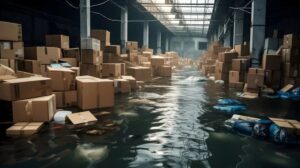 A flooded warehouse filled with stacks of cardboard boxes and debris floating in dark water.