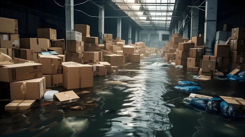 A flooded warehouse filled with stacks of cardboard boxes and debris floating in dark water.