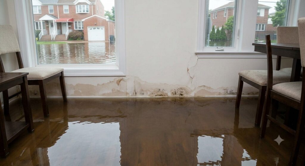 Brown floodwater covers an indoor floor with damaged walls and mold, reflecting a submerged street outside.