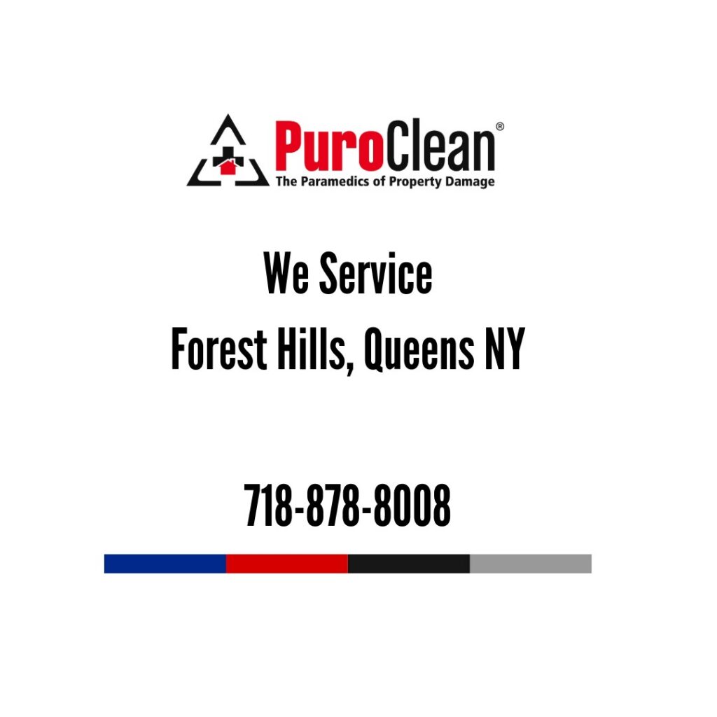 PuroClean advertisement for property damage services in Forest Hills, Queens, with contact number 71