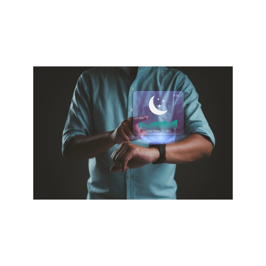 A person interacts with a holographic sleep tracking display projected from their smartwatch. TITLE