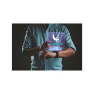 A person interacts with a holographic sleep tracking display projected from their smartwatch. TITLE