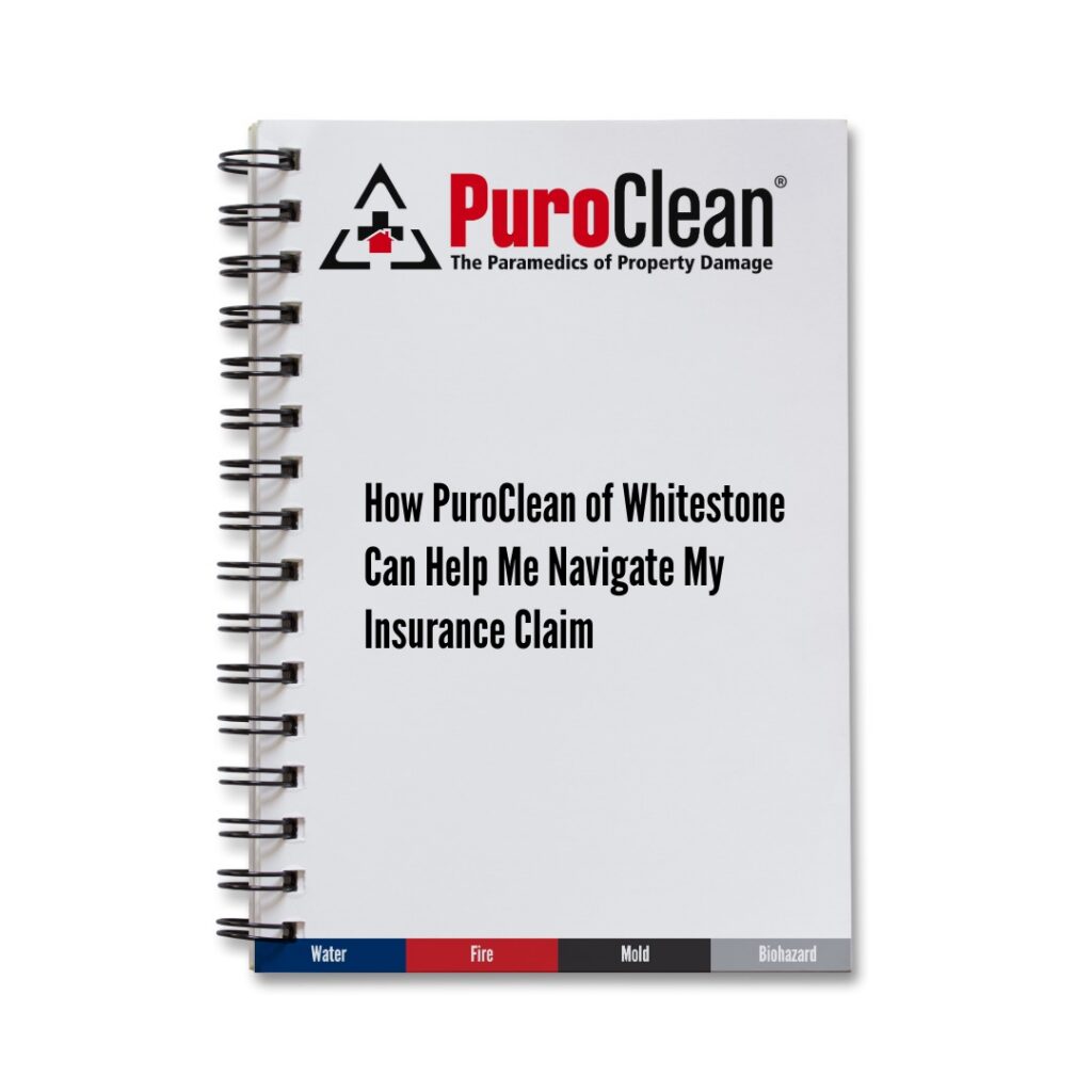 PuroClean of Whitestone notebook details navigating insurance claims for property damage restoration.
