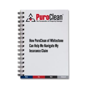 PuroClean of Whitestone notebook details navigating insurance claims for property damage restoration.