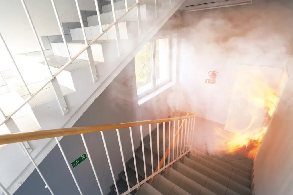 A building stairwell is filled with smoke and flames, indicating a fire emergency. TITLE