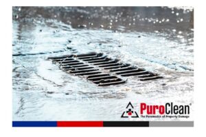 Rapidly flowing water rushes into a street storm drain, suggesting a drainage issue. TITLE