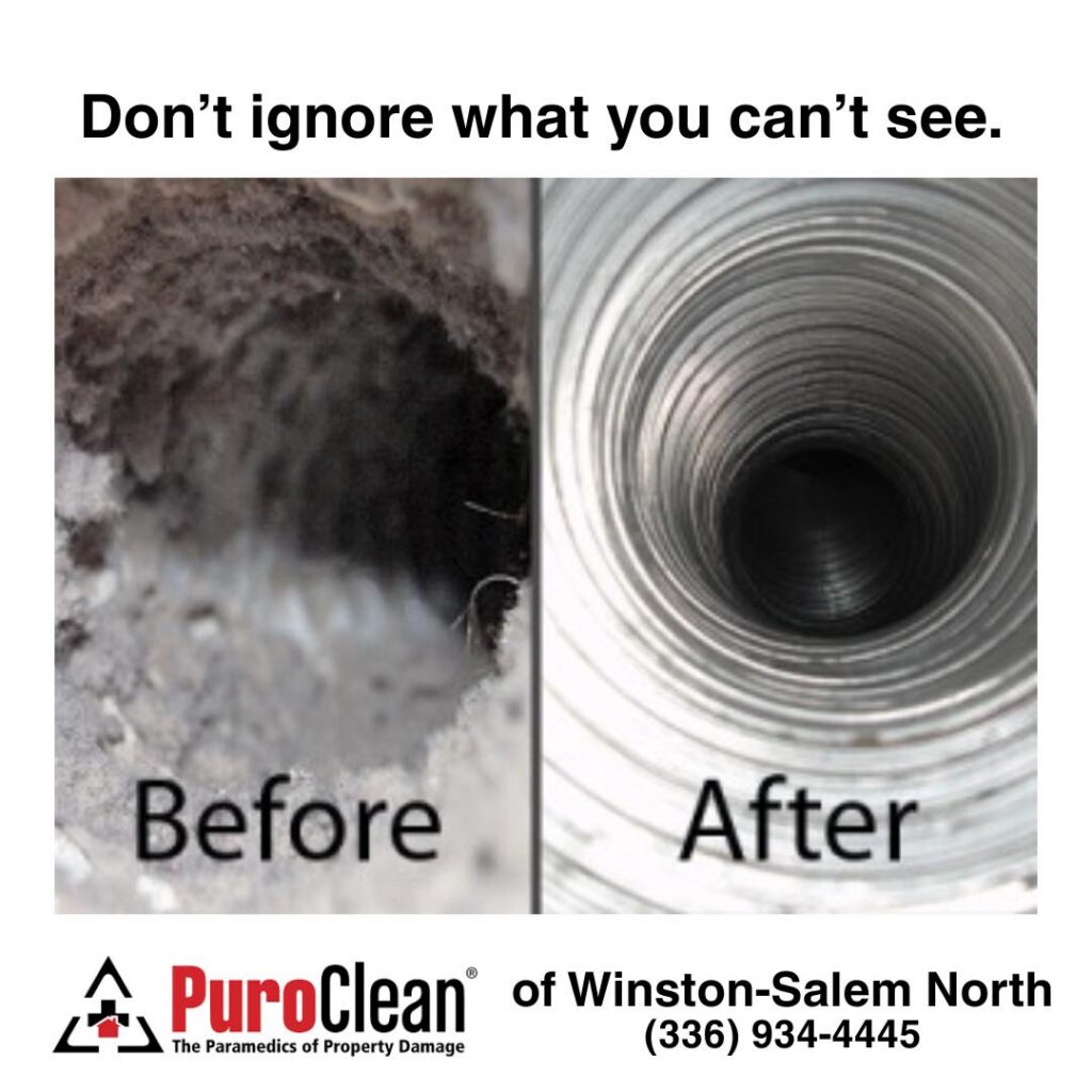 Before and after comparison of a heavily clogged dryer vent and a sparkling clean one. TITLE