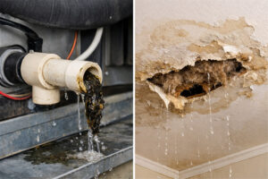Clogged AC condensate line overflowing with sludge,