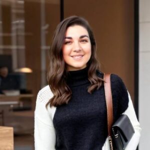 A smiling woman with wavy brown hair wears a black and white sweater and a black purse.