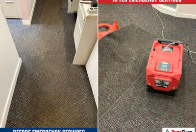 Before and after photos of commercial water damage restoration showing drying equipment in place to reduce business interruption and restore operations efficiently