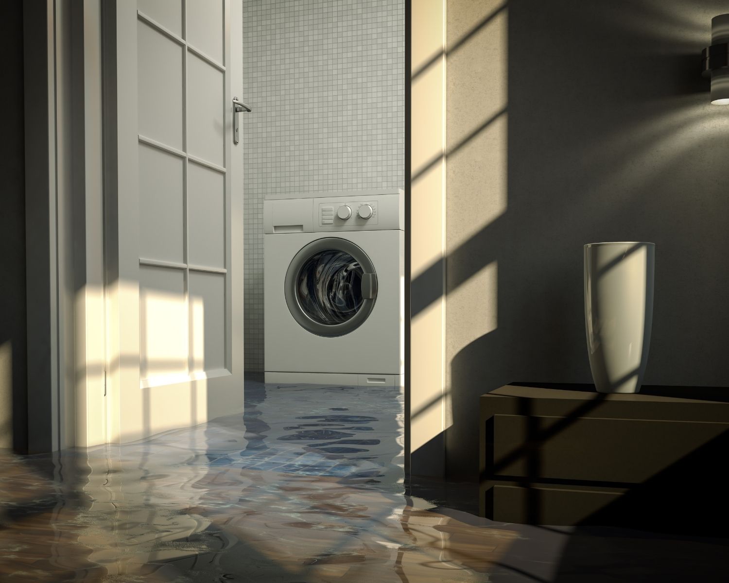 Water damage from washing machine leak in laundry room
