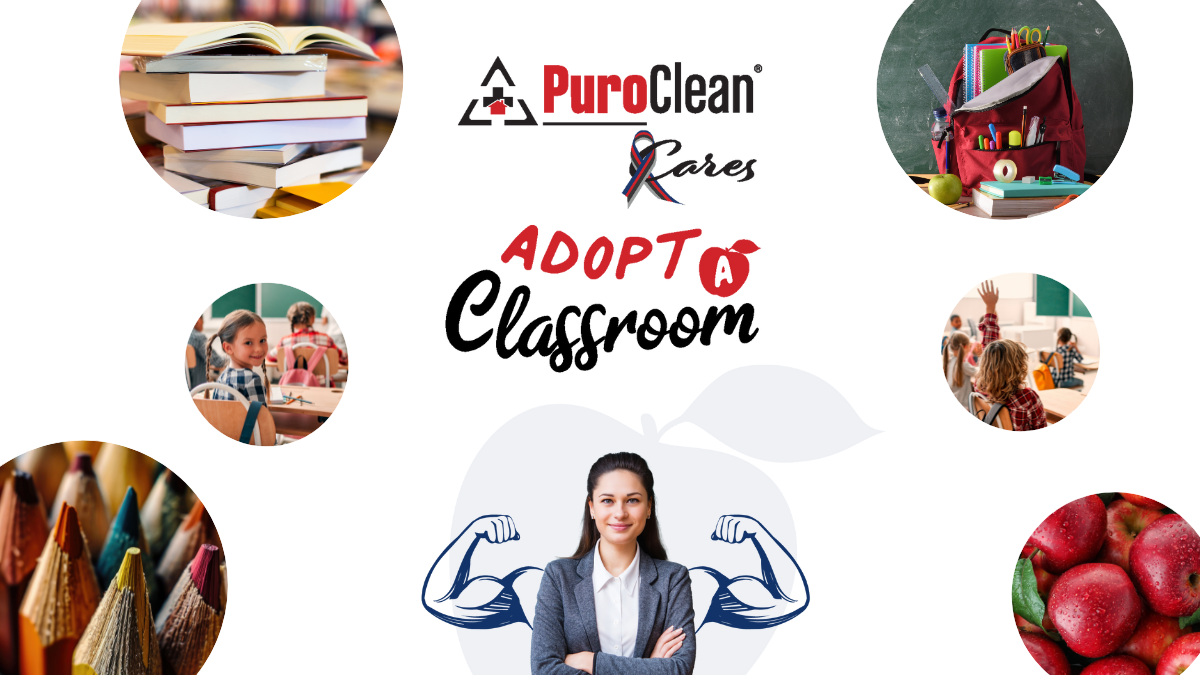 PuroClean Cares®: Adopt A Classroom 2025 campaign logo with circles of classroom suppliers showing how PuroClean supports classrooms
