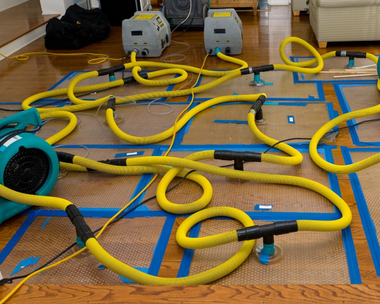 Water damage restoration equipment working on flooded flooring