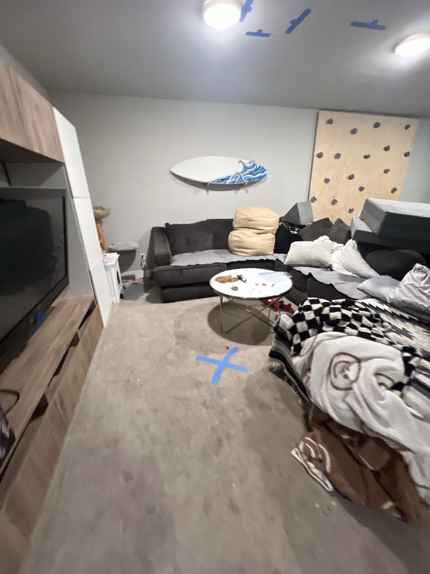 Living room water damage affecting carpet and furniture