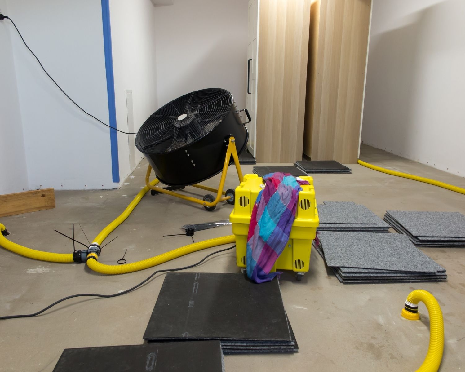 Professional equipment drying a concrete wall after water damage