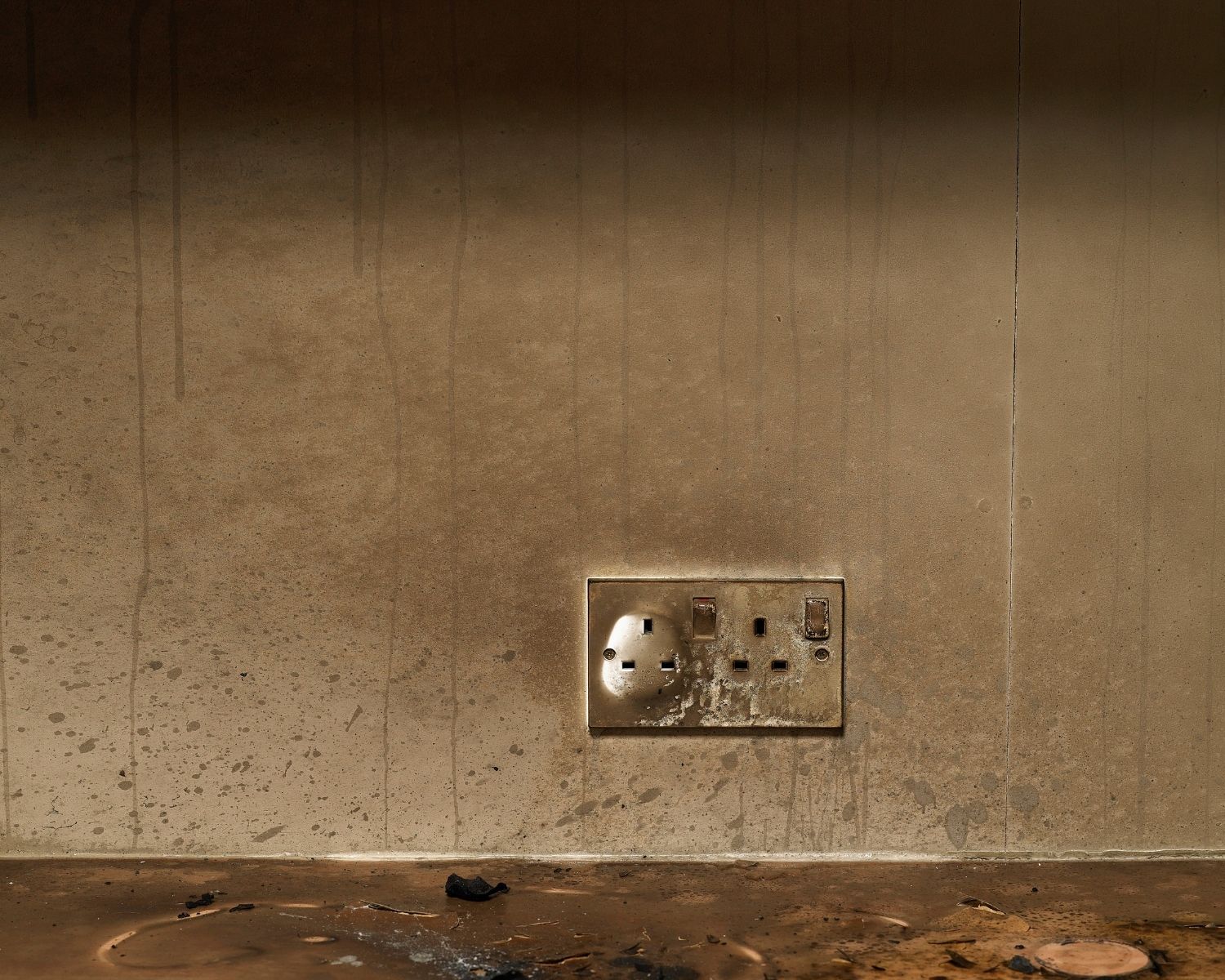 Soot and smoke residue visible on wall surface