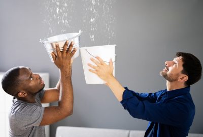 Two homeowners holding buckets to catch water leaking from the ceiling inside a living room.