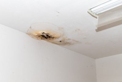 Ceiling water damage with a dark stain and a hole in drywall from an active leak.