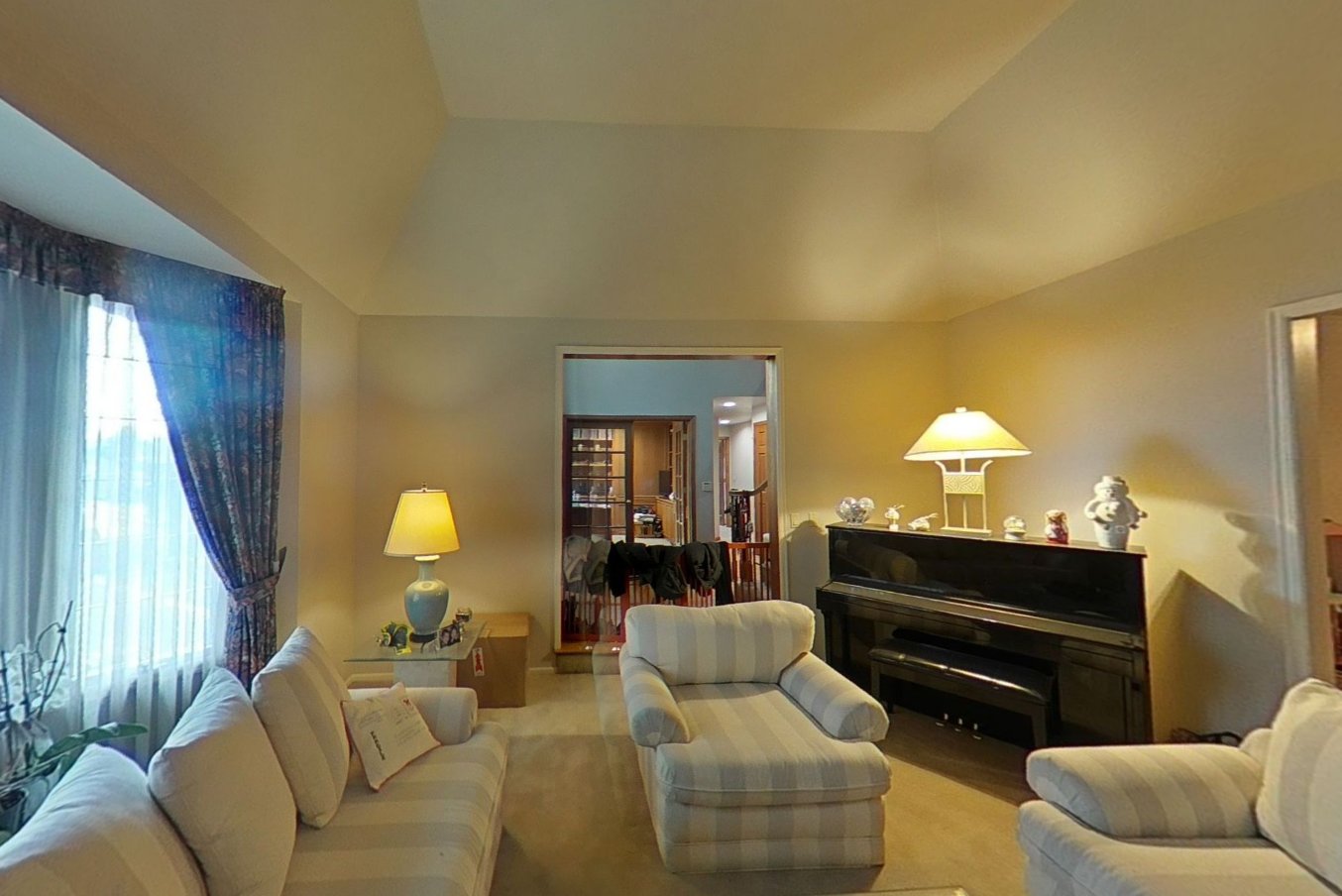 Formal living room with vaulted ceiling and upholstered furniture being cleaned of ABC powder