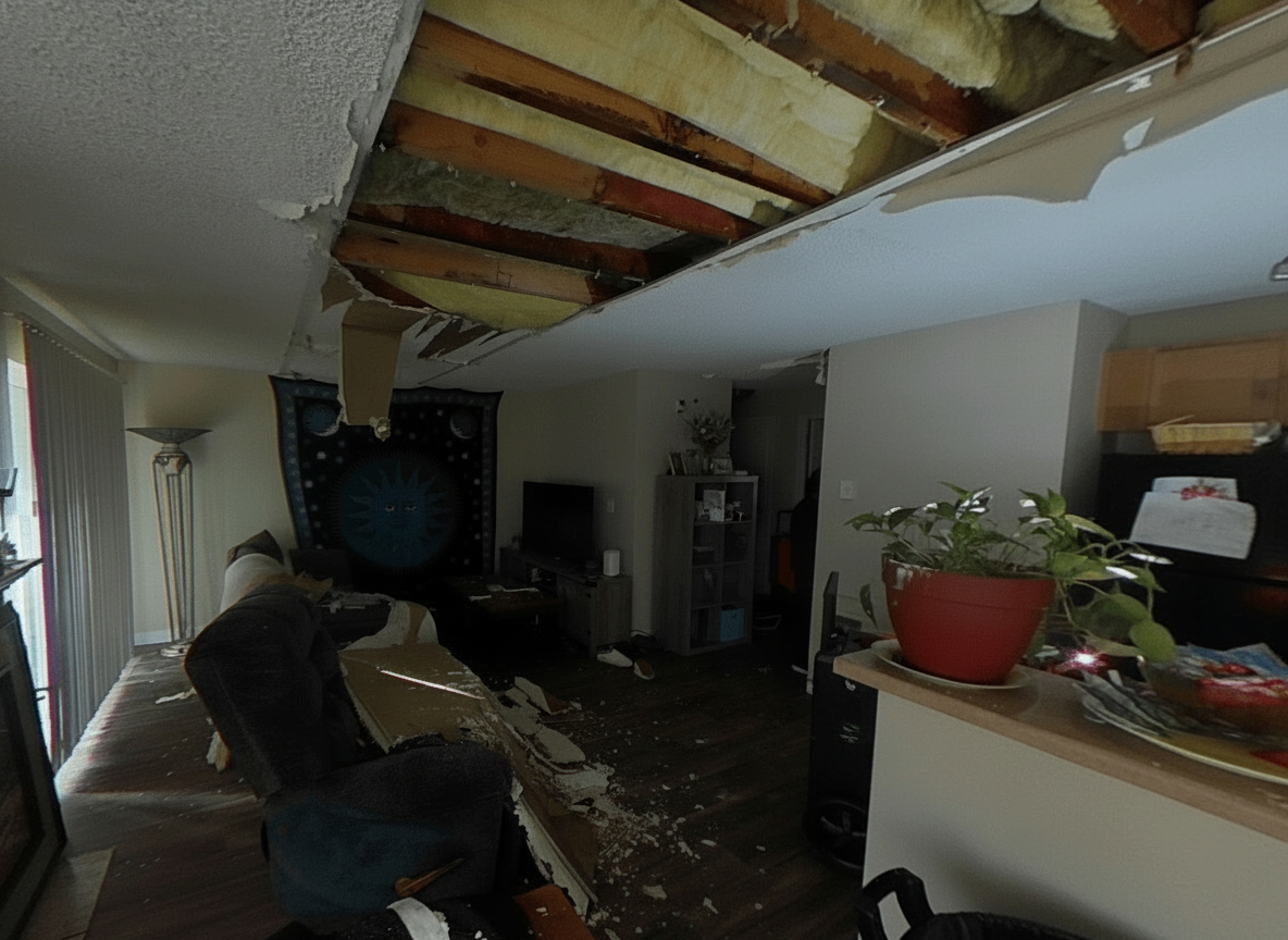 Living room debris and ceiling collapse after the explosion in the unit above