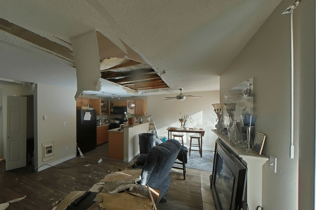 Wide view of the living room and kitchen showing extensive ceiling collapse after the explosion above