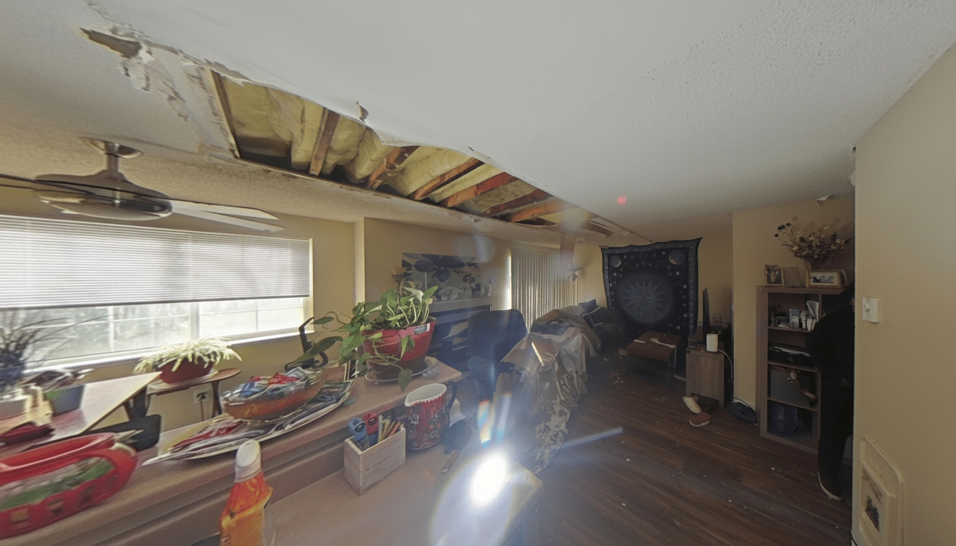 Long span ceiling damage across the living area with exposed framing and insulation