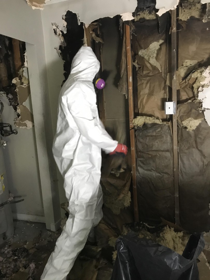 Controlled demolition of damaged drywall after a residential fire in Woodinville WA