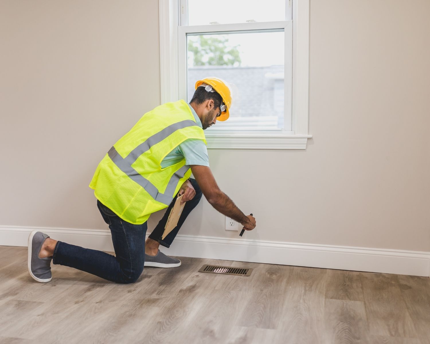 Restoration technician using a moisture meter to check a drywall surface for hidden water damage