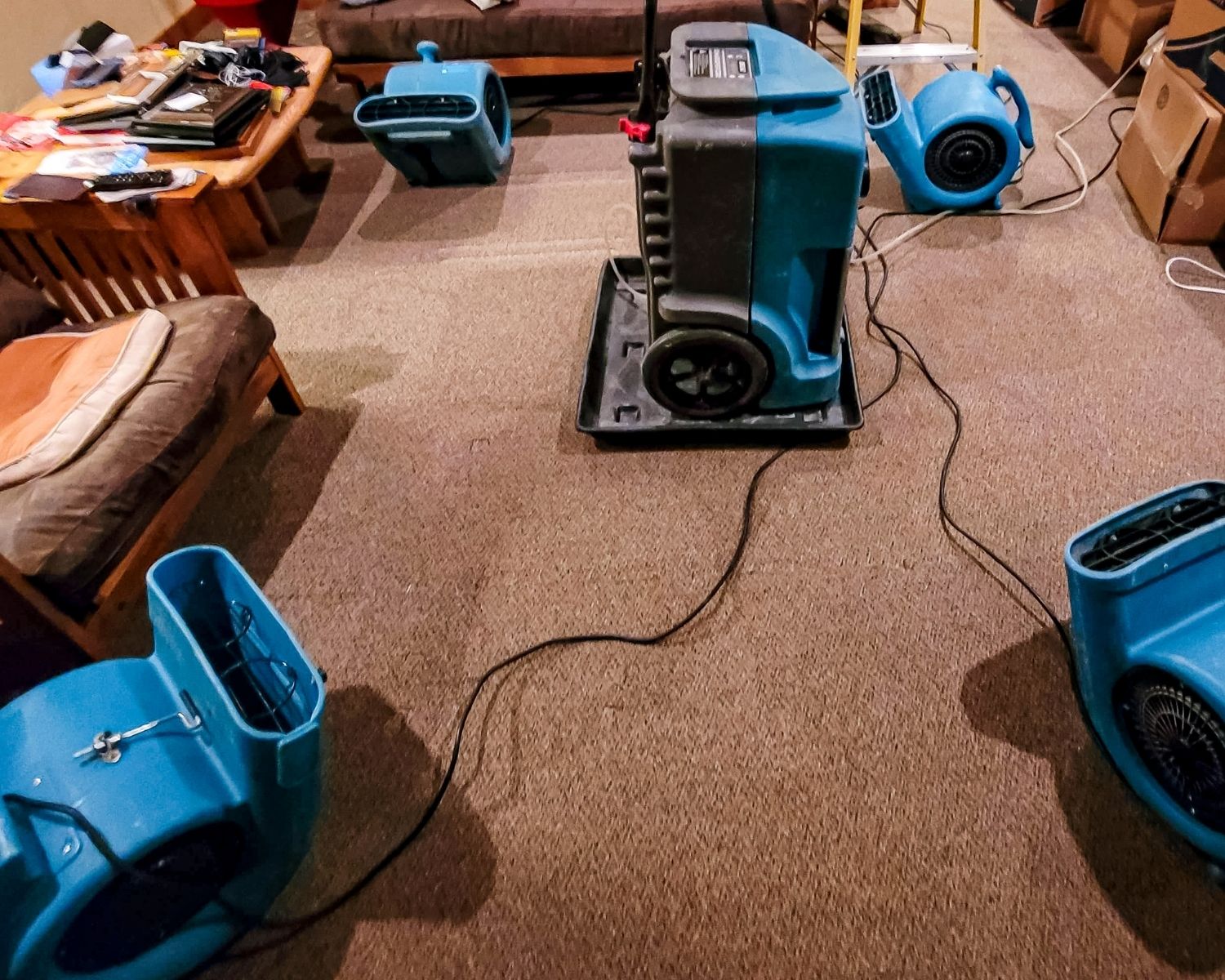 Blue air movers and drying equipment set up on wet carpet during water damage cleanup