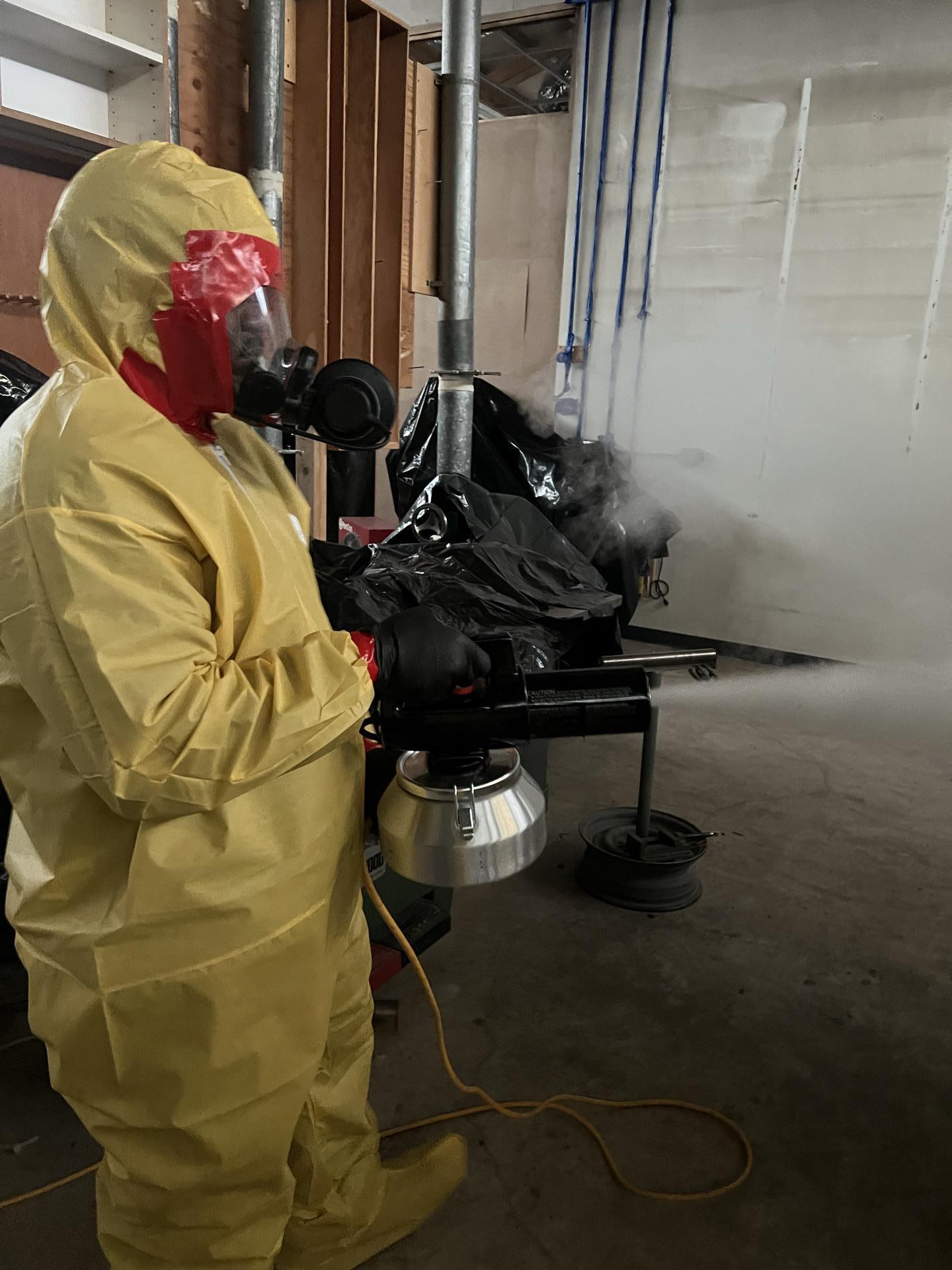 Thermal fogging deodorization neutralizing trapped smoke odor inside a commercial woodworking shop in Seattle WA