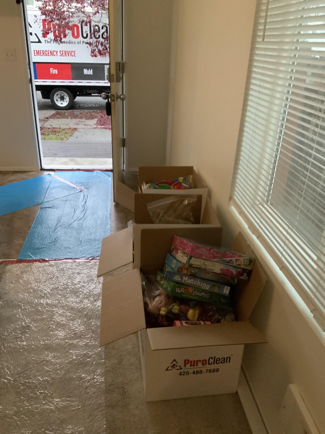 Cleaned household contents returned to the Lake Stevens WA home in labeled boxes after off-site fire damage cleaning