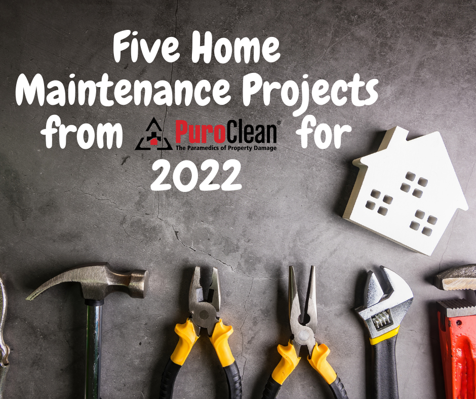 five home maintenance projects from PuroClean with tools on bottom