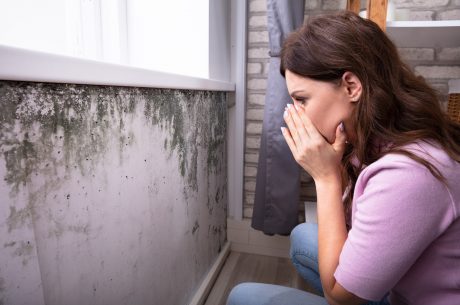 Woman stares in shock at fungus on walls as she tries to determine the difference between mold and mildew