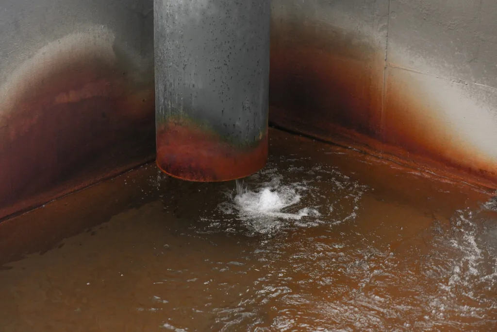 Basement sewage backup with dirty water leaking from a