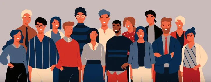 Diverse group of smiling individuals standing together, representing teamwork and community in a professional setting.