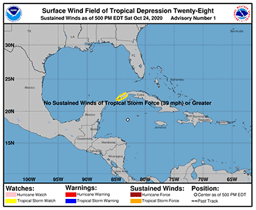 Map showing surface wind field of Tropical Depression Twenty-Eight with no sustained winds of 39 mph or greater.