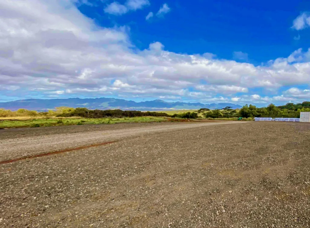 Gravel road leading to mountains under a blue