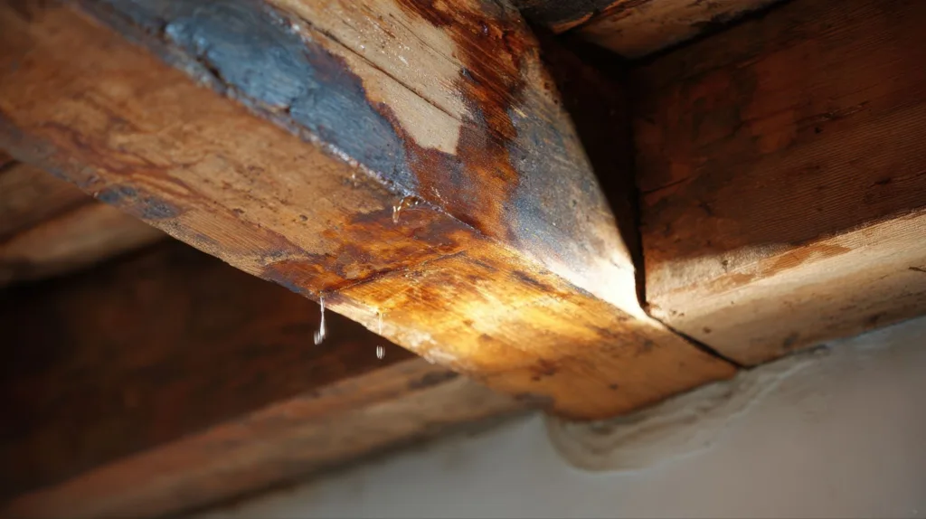 Water drips from stained wooden ceiling beams, indicating significant water damage.