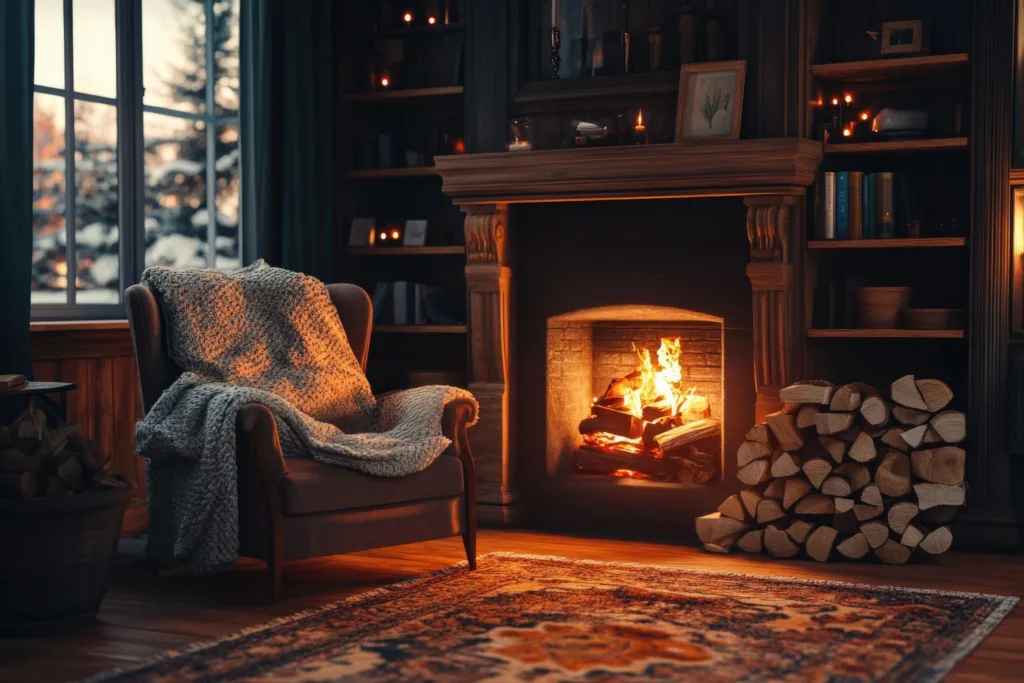 A cozy room with a glowing fireplace, inviting armchair, and snowy winter scene visible through the