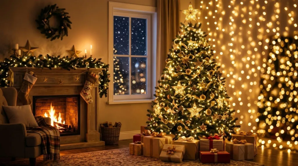 Warmly lit Christmas living room with a decorated tree, glowing fireplace, and snowy window.