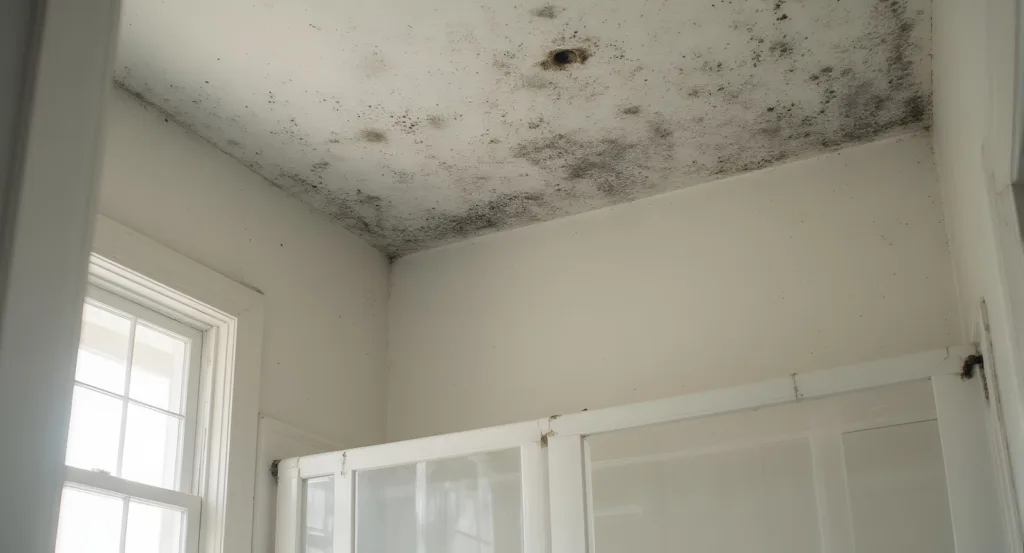 Extensive black mold covers the ceiling and upper corner of a white room.