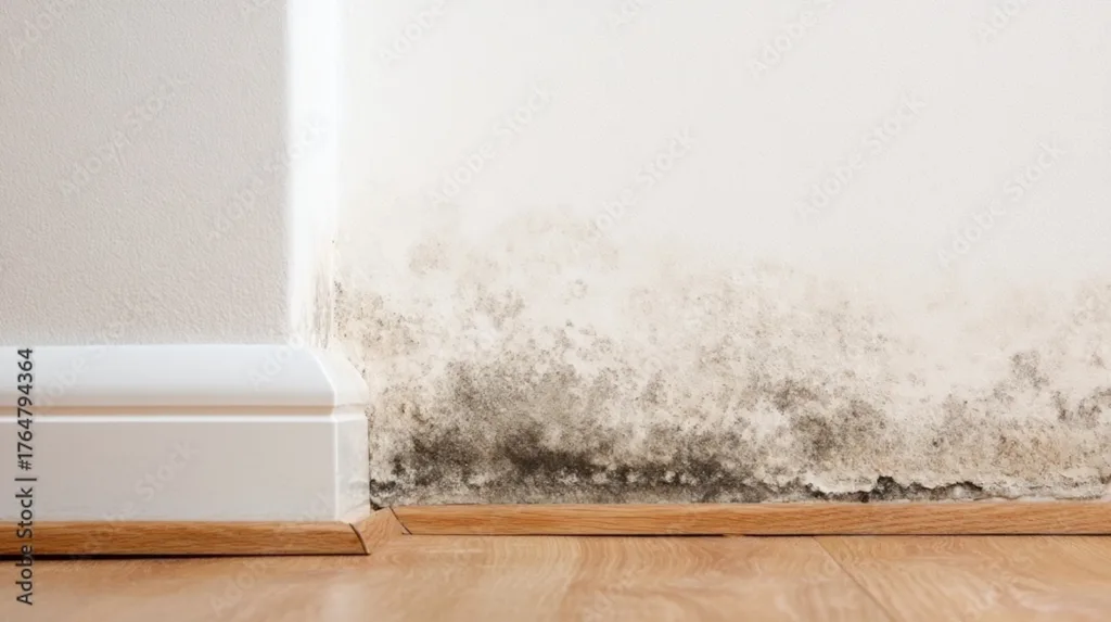 Significant black mold covers a white wall above a baseboard and wooden floor.