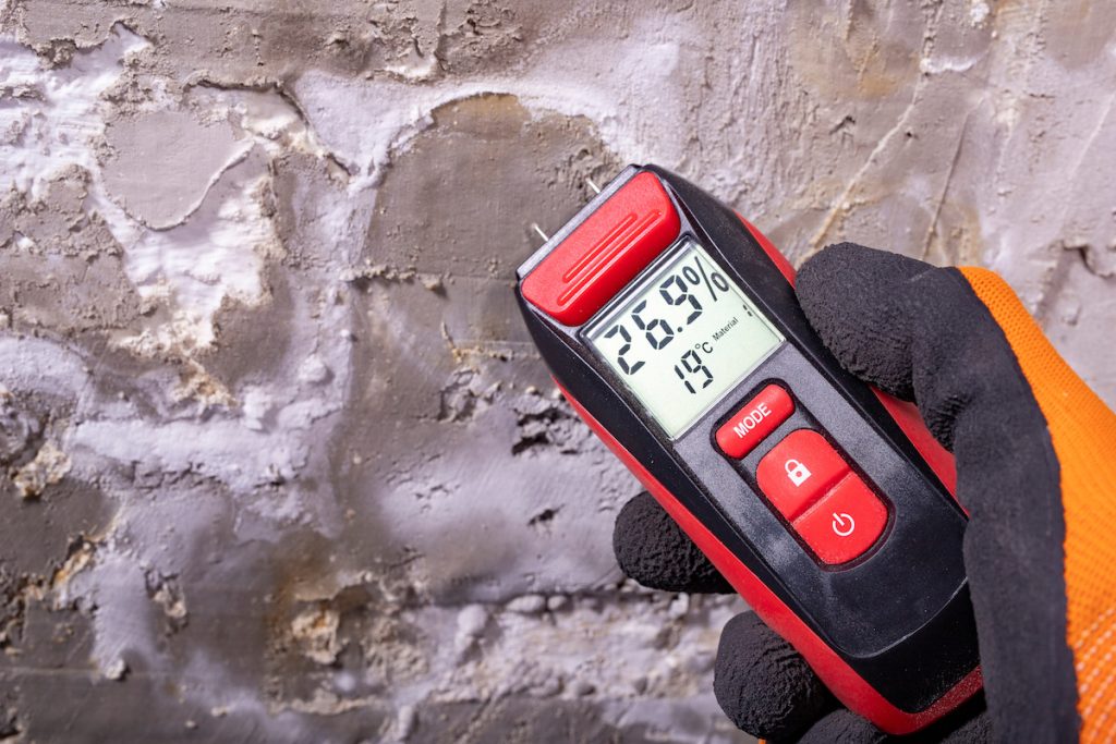 A technician uses a red moisture censor to locate mold