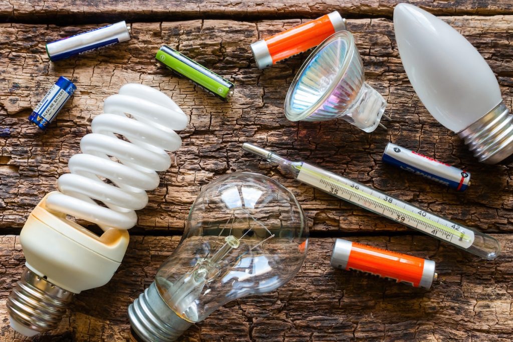 Hazardous waste like light bulbs, batteries, and mercury thermometer