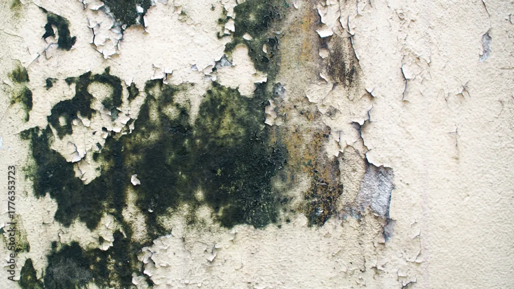 Peeling white paint reveals dark green mold and brown water stains on a distressed wall