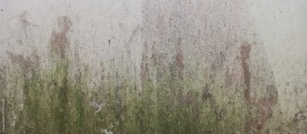 Weathered concrete wall texture with green moss and brown stains.