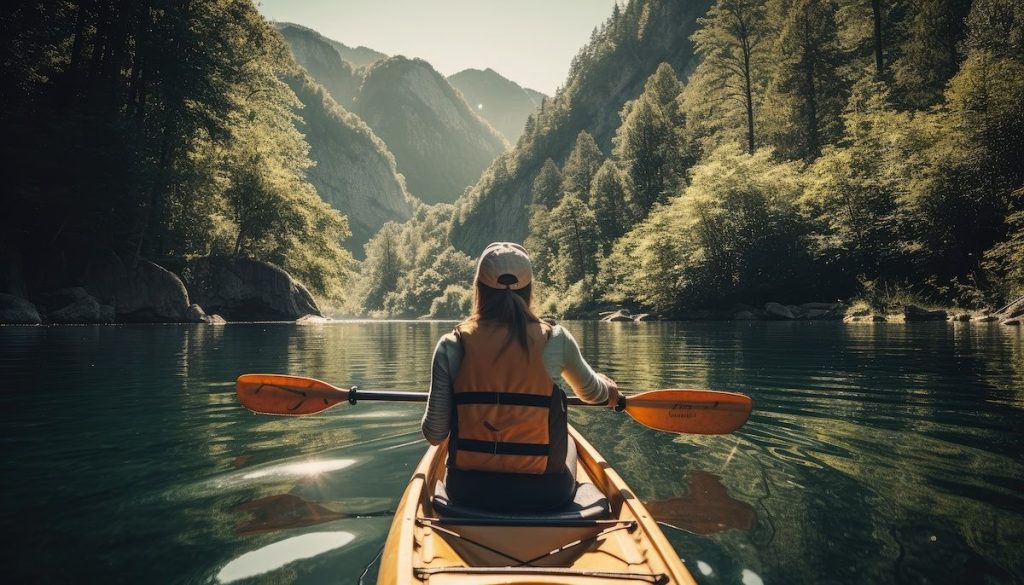 A woman kayaking in the middle of lake with mountains in the background.
